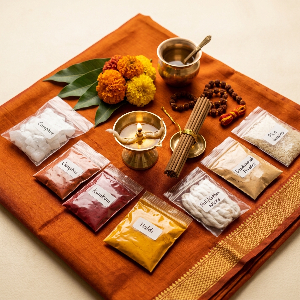 Complete Pooja Kits & Samagri - All-inclusive ritual kits for Navratri, Satyanarayan Katha, Diwali Laxmi Pooja & daily temple rituals.